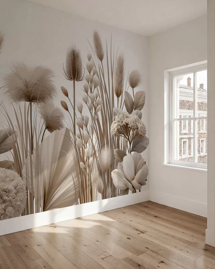 Fototapet Höga beige torkade blommor i neutrala beige nyanser w09932