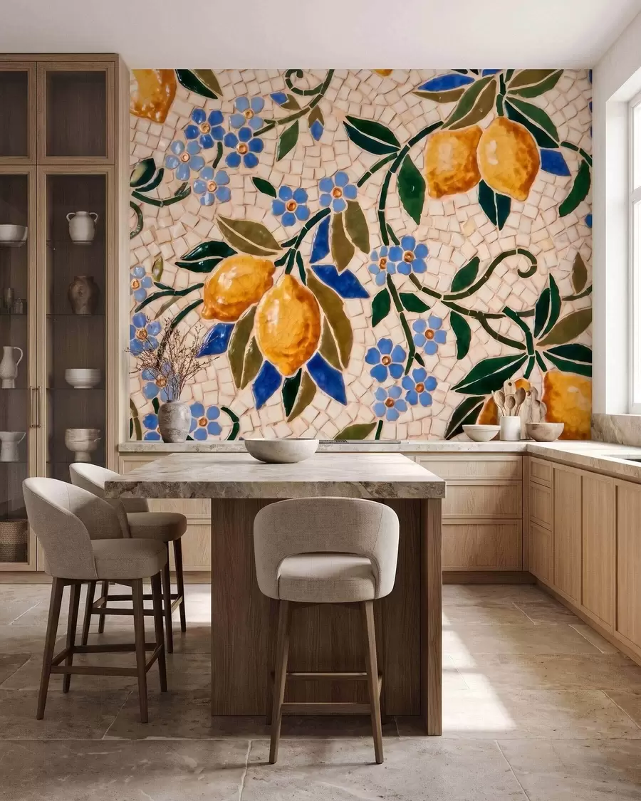 Fototapet En ljus dekorativ komposition i keramisk mosaikstil med saftiga citroner, blommor, blad och grenar w09948