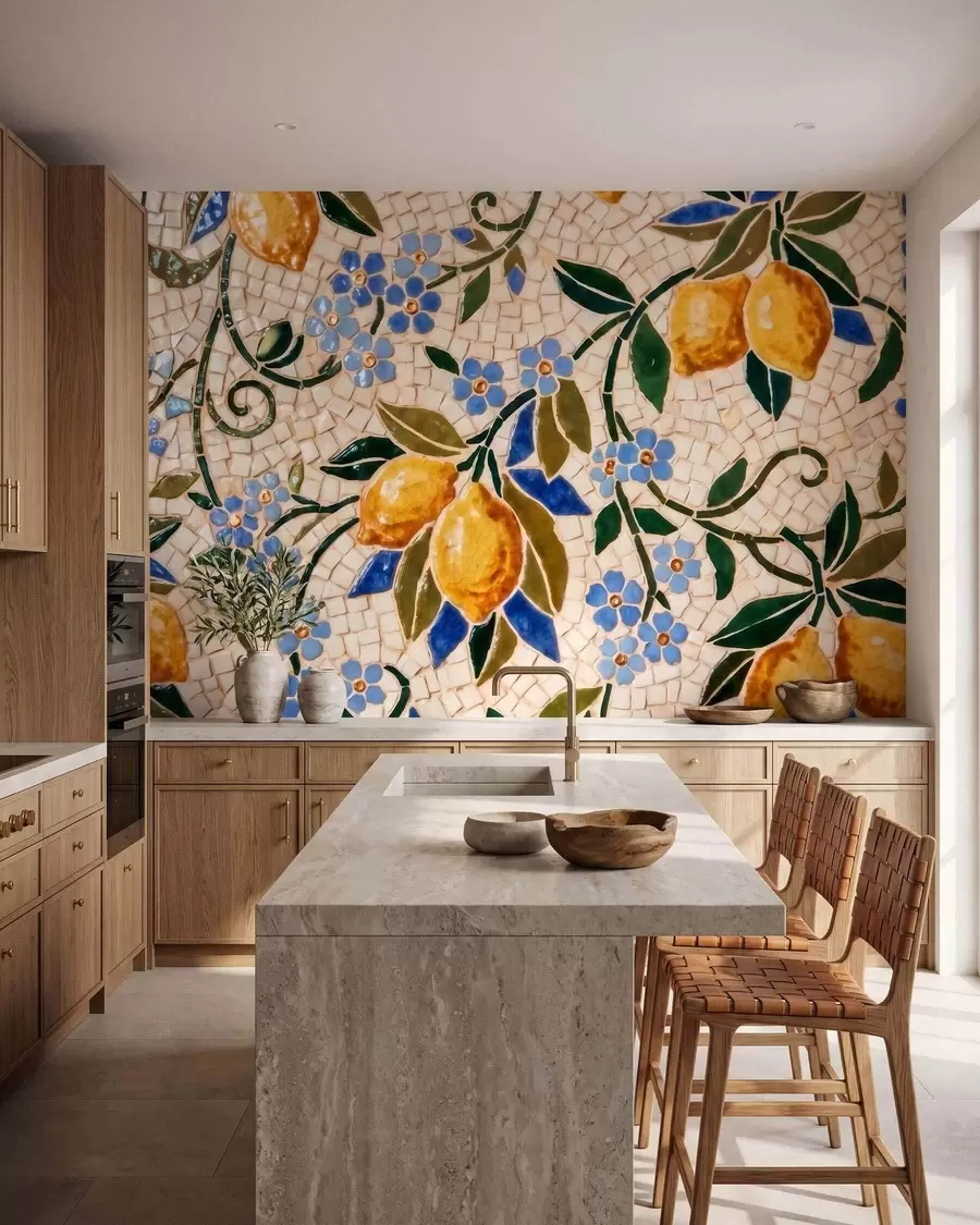 Fototapet En ljus dekorativ komposition i keramisk mosaikstil med saftiga citroner, blommor, blad och grenar w09948