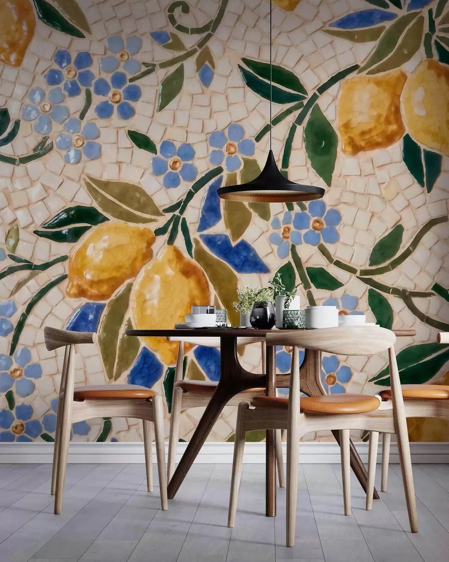 Fototapet En ljus dekorativ komposition i keramisk mosaikstil med saftiga citroner, blommor, blad och grenar w09948