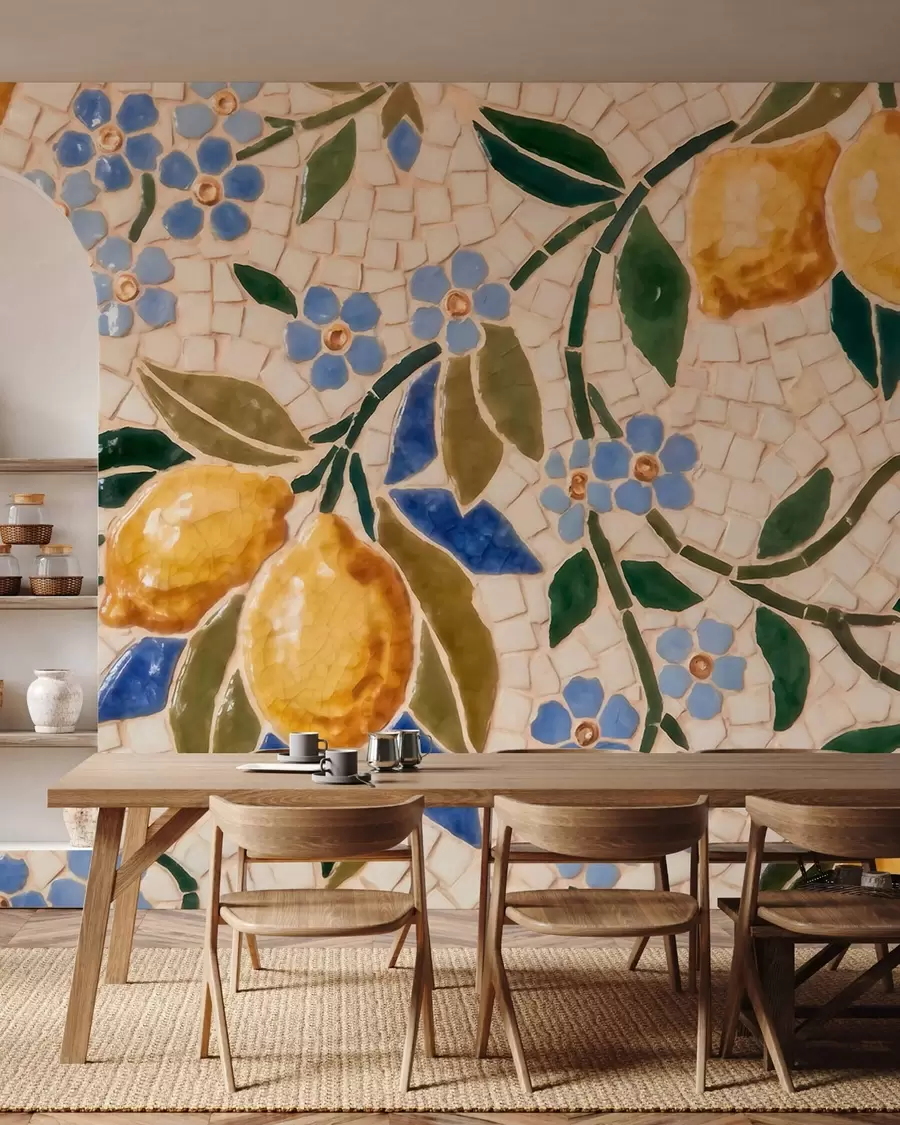 Fototapet En ljus dekorativ komposition i keramisk mosaikstil med saftiga citroner, blommor, blad och grenar w09948