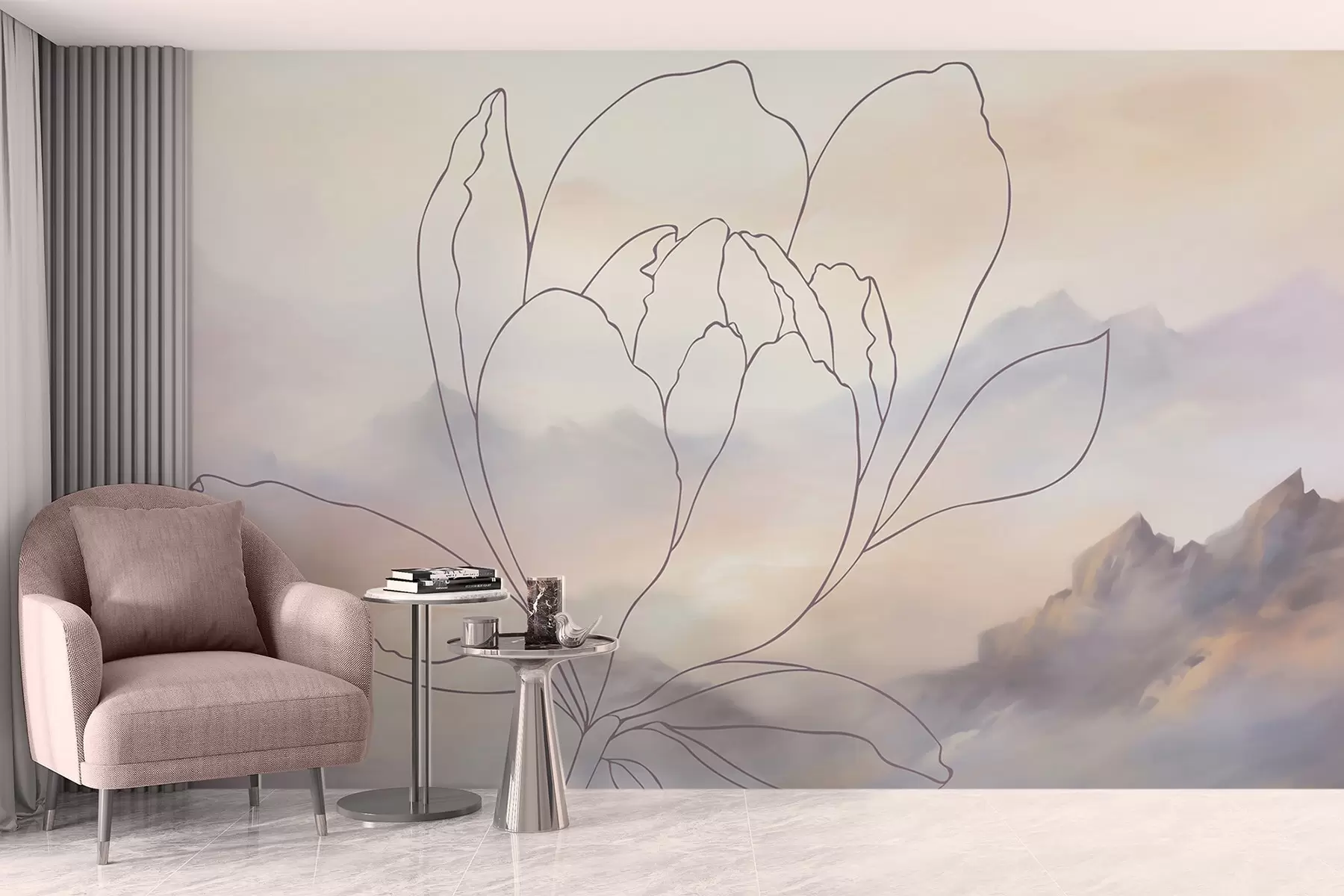 Fototapet Bergslandskap med en blomstersilhuett w05788