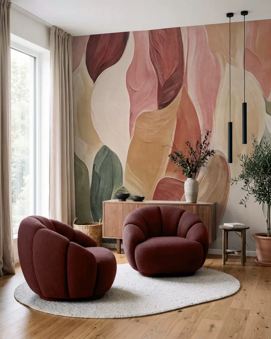 Fototapet Abstrakta former i dämpade nyanser av rosa, persika och grönt, med penseldrag som efterliknar w09908