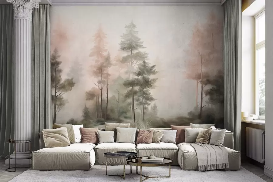 Fototapet En skog med varierande struktur och höga tallar i nyanser av grönt och rosa, med en lätt dimma w09982