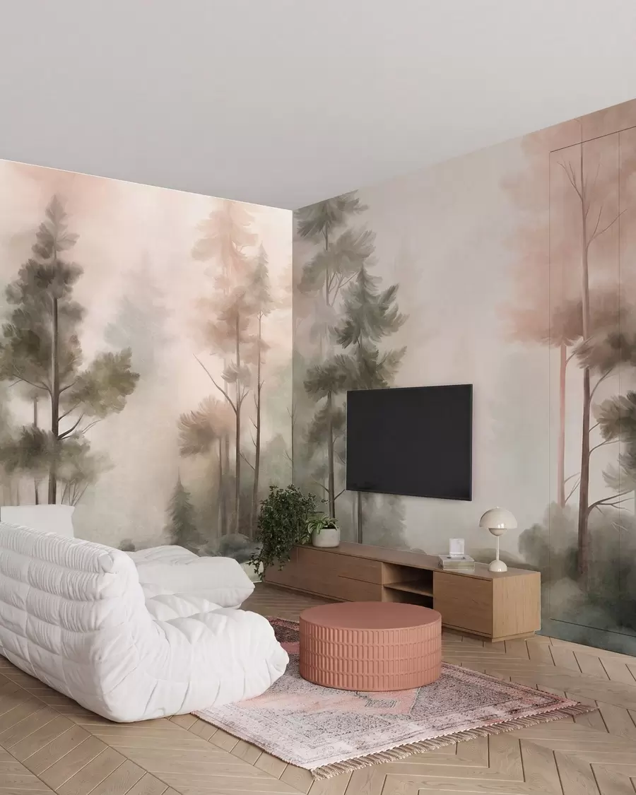 Fototapet En skog med varierande struktur och höga tallar i nyanser av grönt och rosa, med en lätt dimma w09982