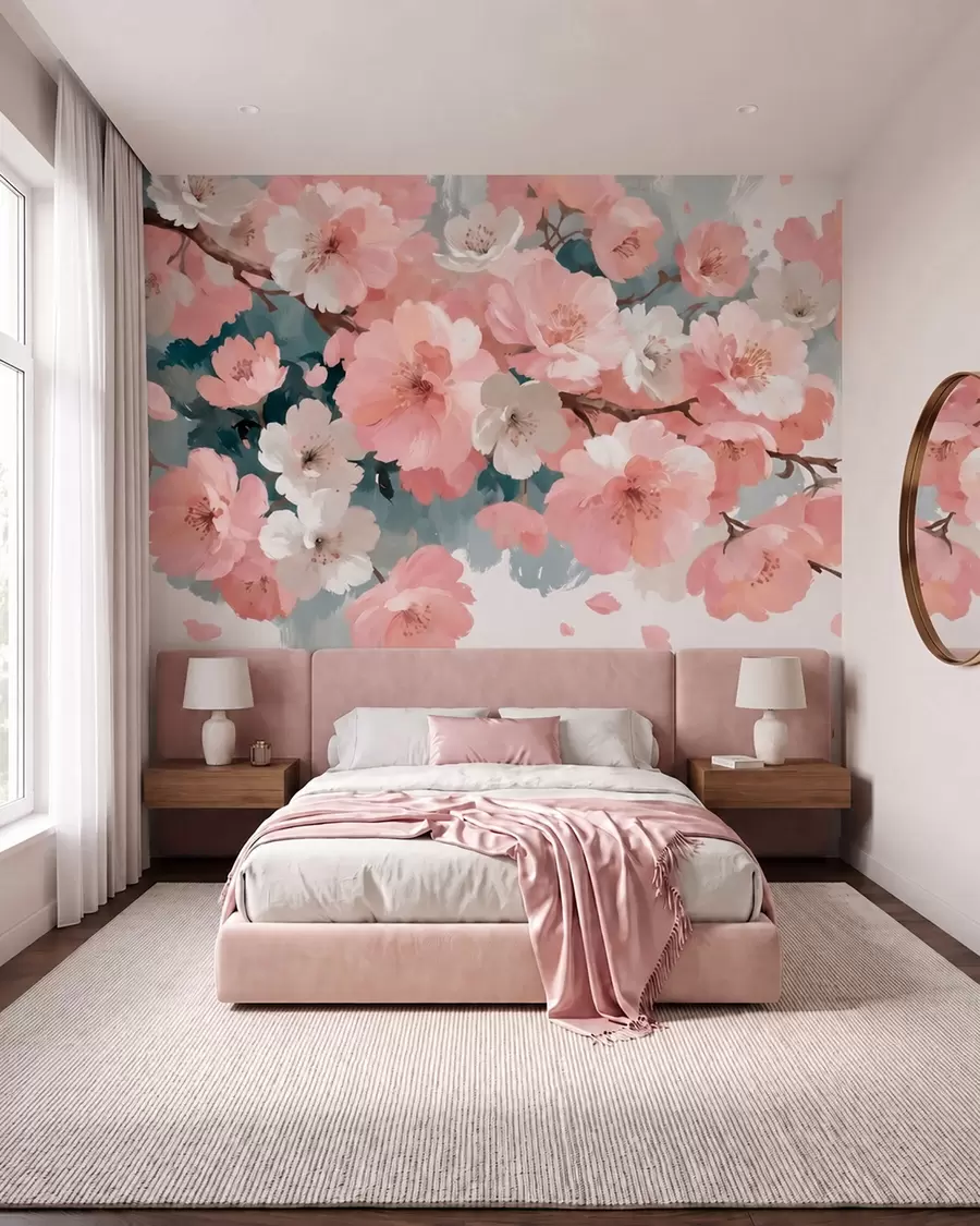 Fototapet Blommande körsbärsträd med rosa och vita blommor i oljemålningsstil w09912