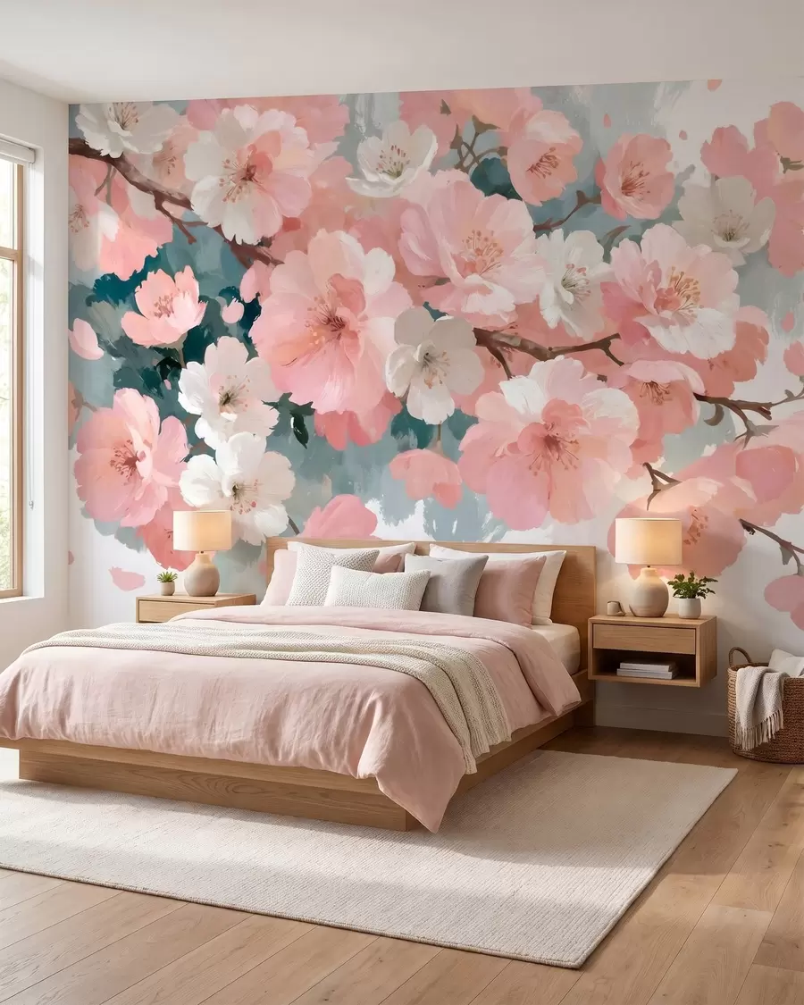 Fototapet Blommande körsbärsträd med rosa och vita blommor i oljemålningsstil w09912