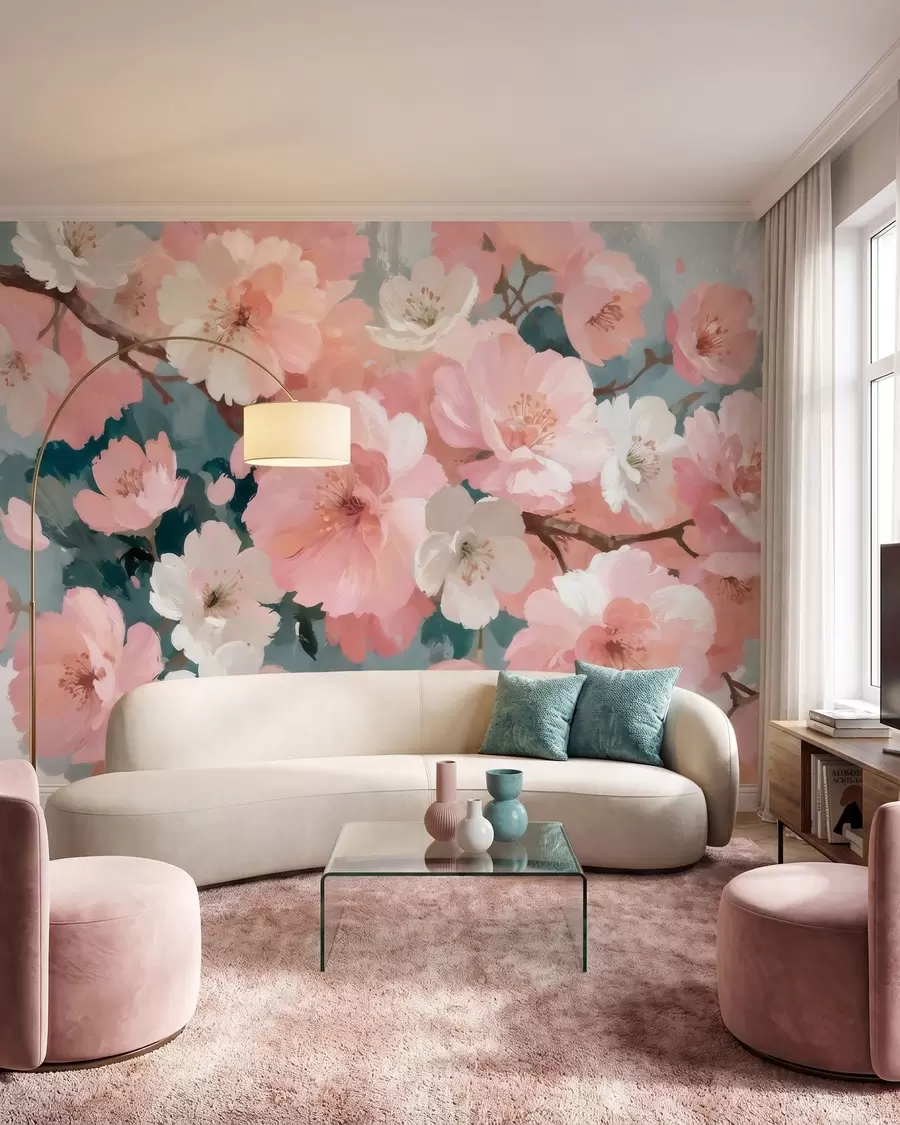 Fototapet Blommande körsbärsträd med rosa och vita blommor i oljemålningsstil w09912