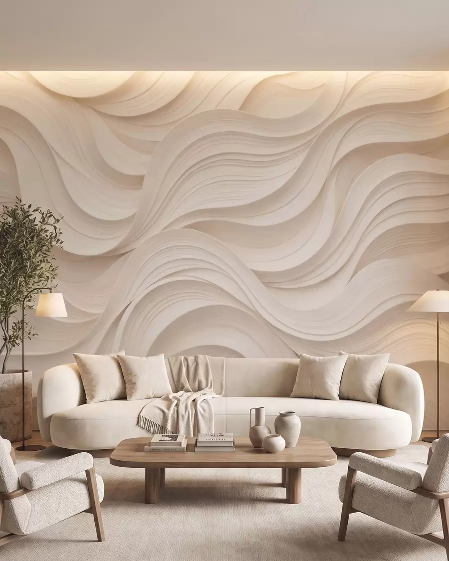 Fototapet Abstrakta, vågiga beige vågor i 3D-stil w09957