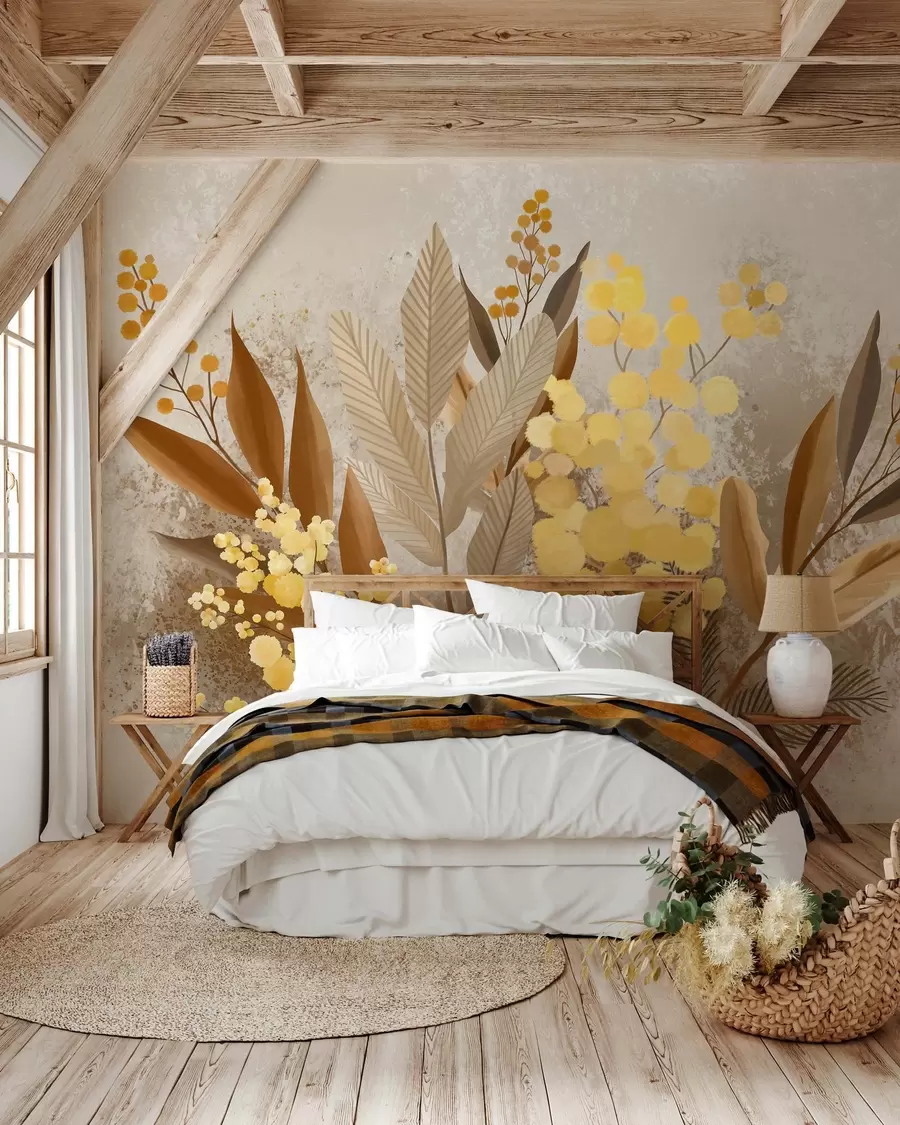 Fototapet Målade mimosagrenar och ett herbarium i varma nyanser w05659