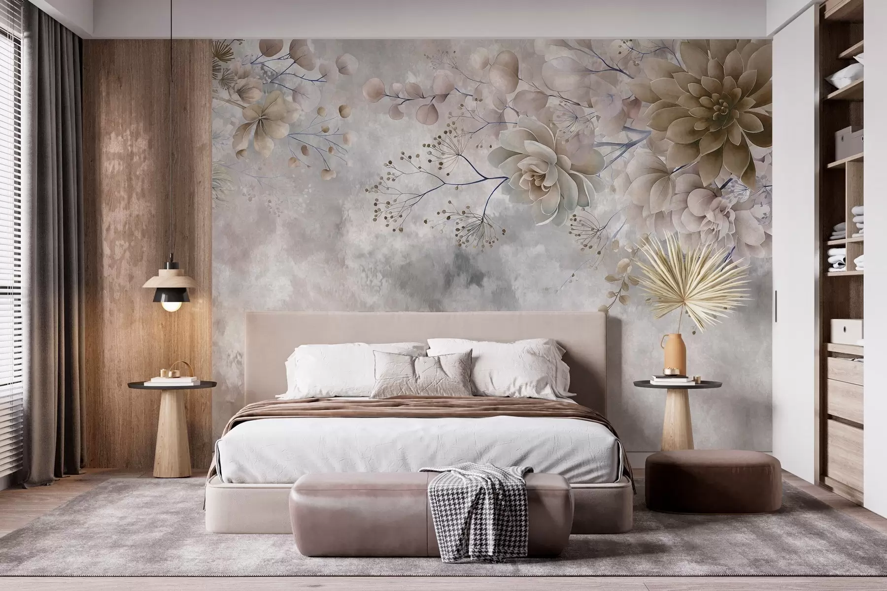Fototapet Fantastiska blommor i retrostil på bilden ovan, i nyanser av beige och brunt w05753