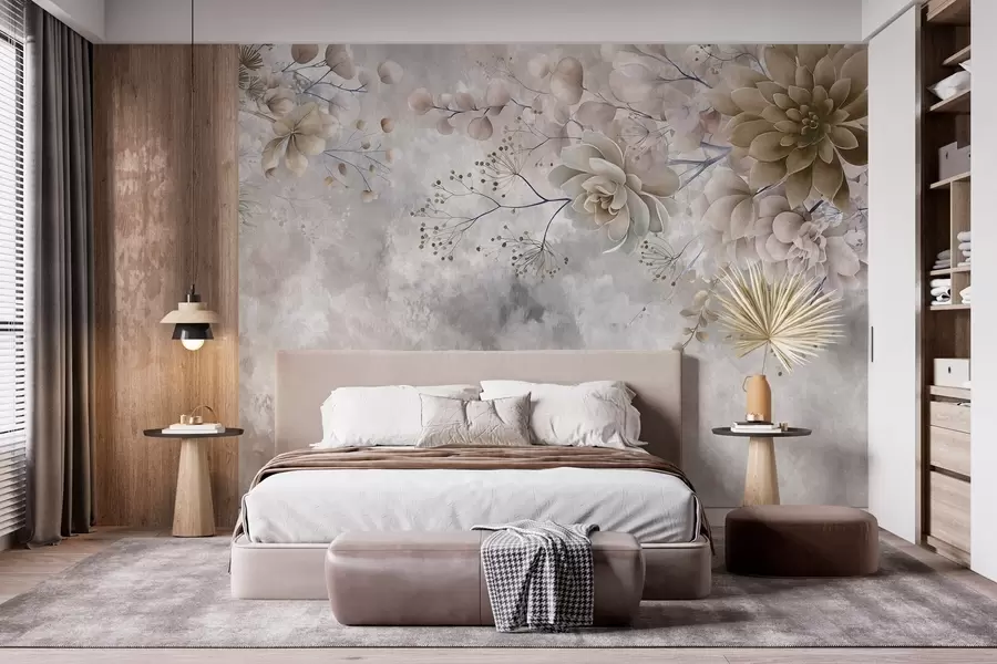 Fototapet Fantastiska blommor i retrostil på bilden ovan, i nyanser av beige och brunt w05753