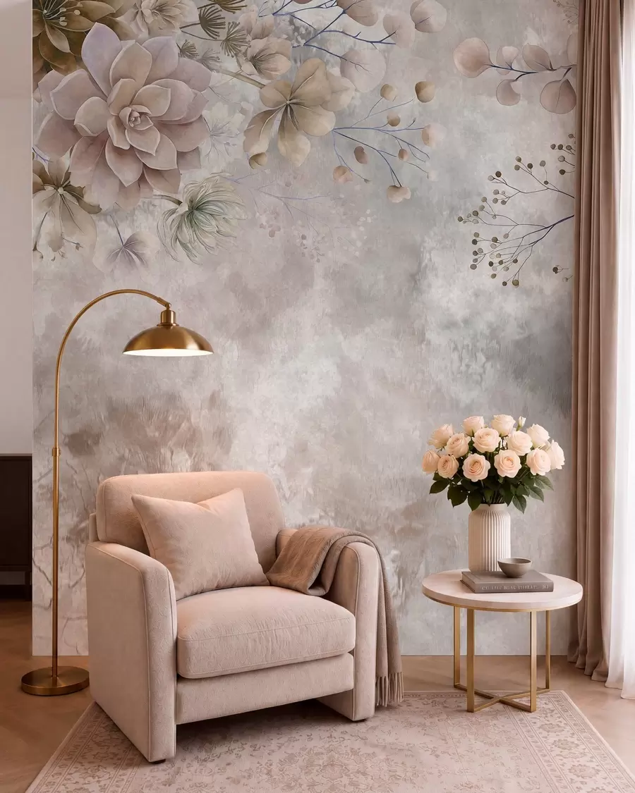 Fototapet Fantastiska blommor i retrostil på bilden ovan, i nyanser av beige och brunt w05753