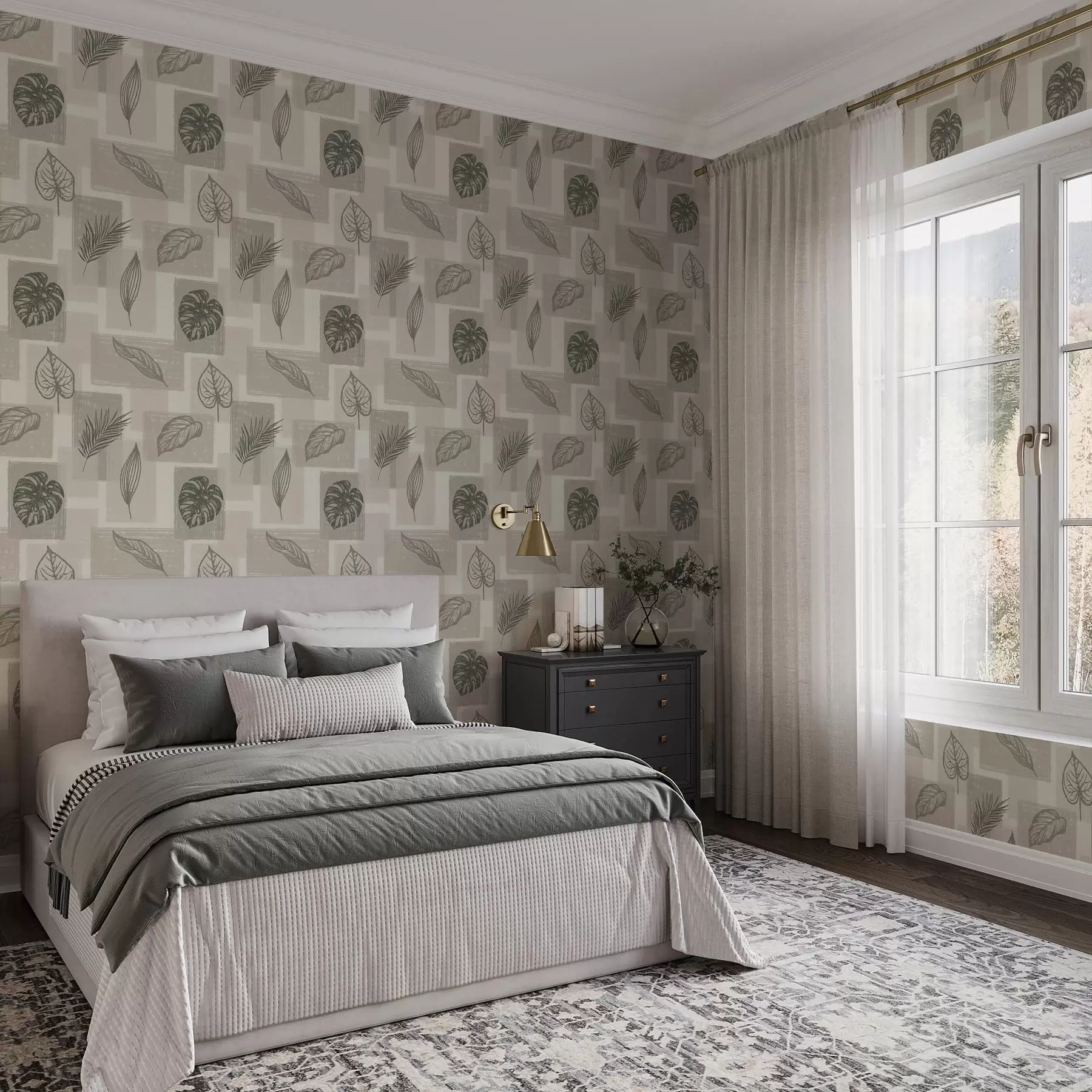 Fototapet Tropiska bladkonturer med geometriska block a01239