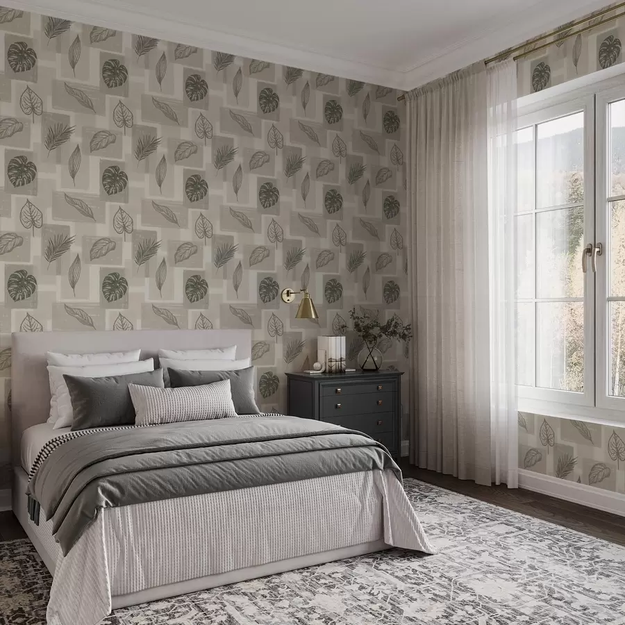 Fototapet Tropiska bladkonturer med geometriska block a01239