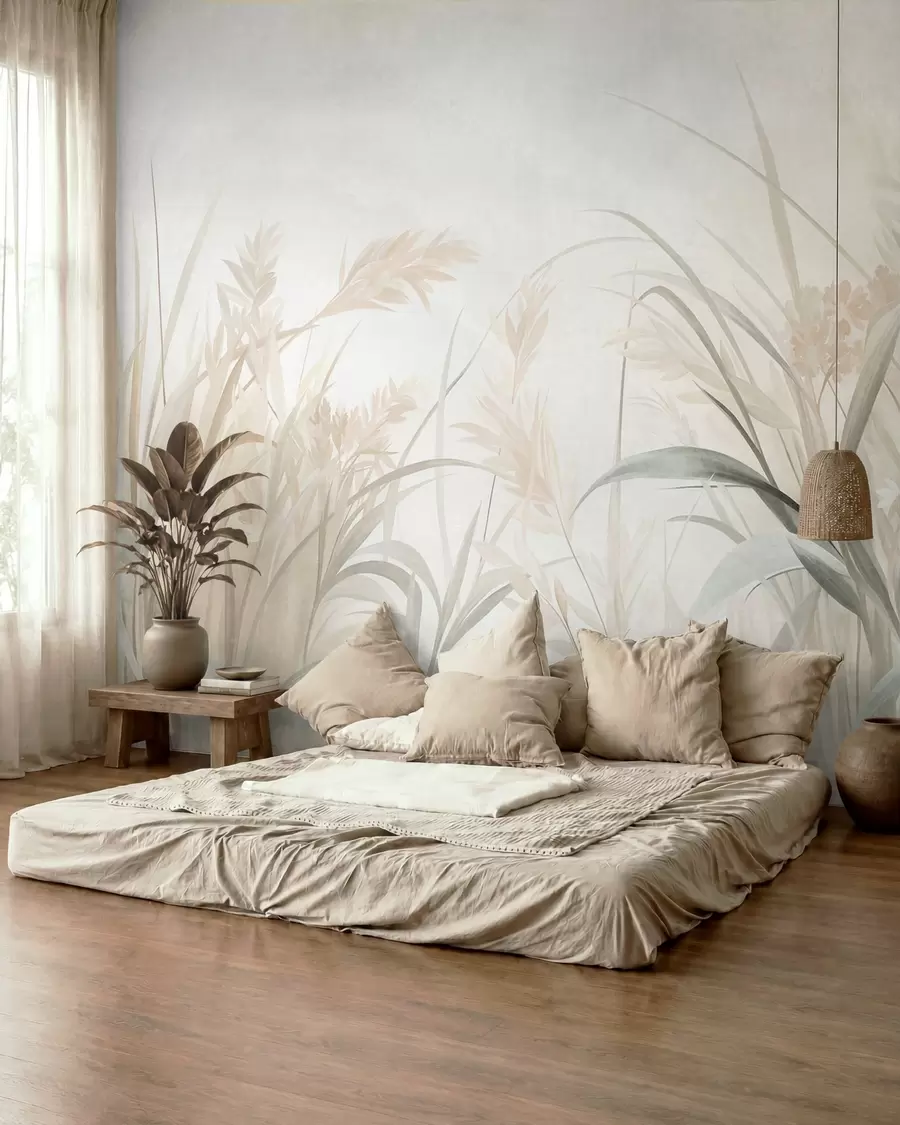 Fototapet Högt, spretigt gräs och vass i mjuka, dämpade nyanser av beige, krämvitt och grönt, med struktur w09981