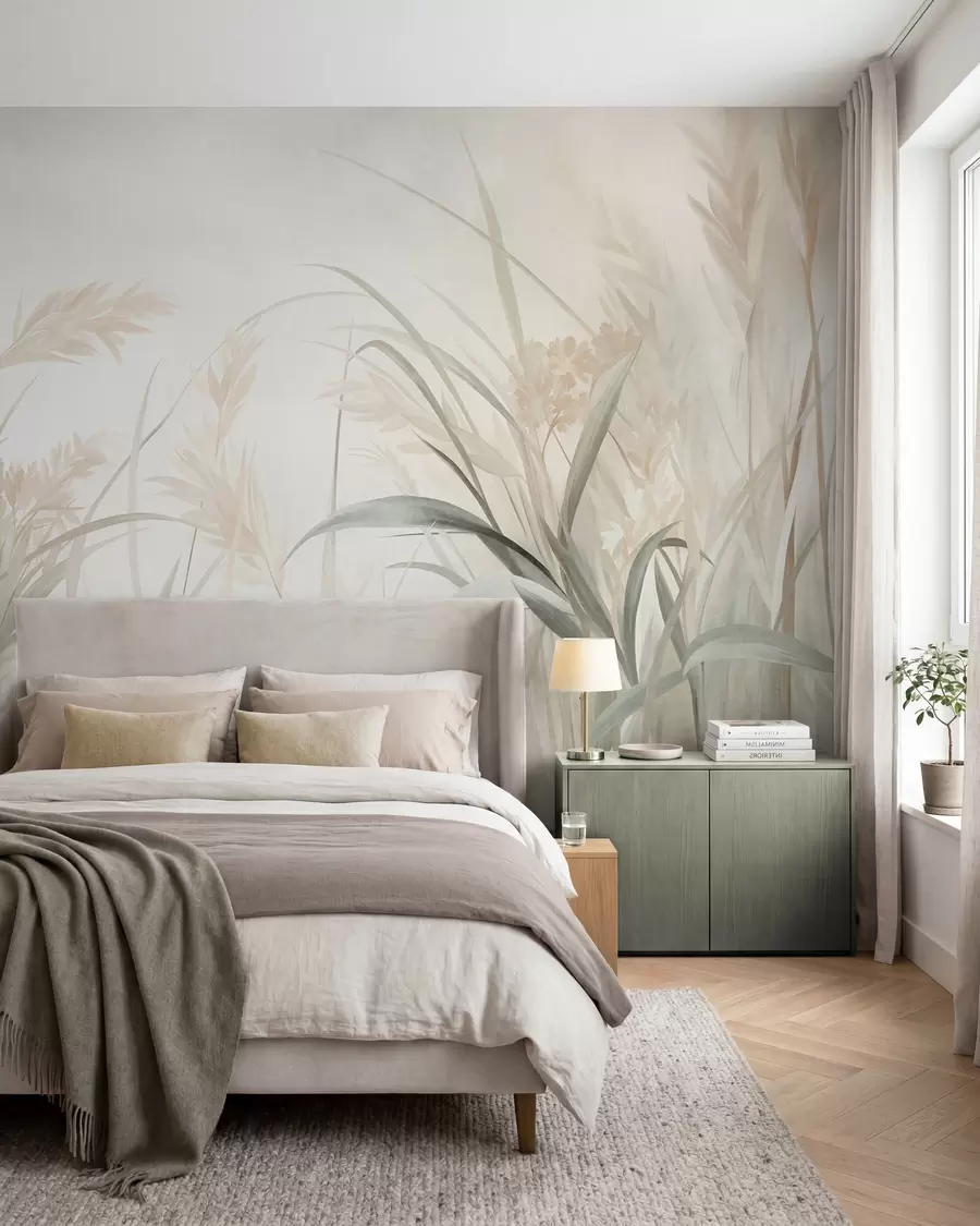 Fototapet Högt, spretigt gräs och vass i mjuka, dämpade nyanser av beige, krämvitt och grönt, med struktur w09981
