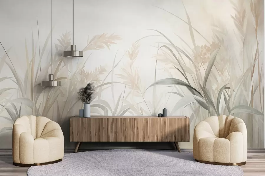Fototapet Högt, spretigt gräs och vass i mjuka, dämpade nyanser av beige, krämvitt och grönt, med struktur w09981