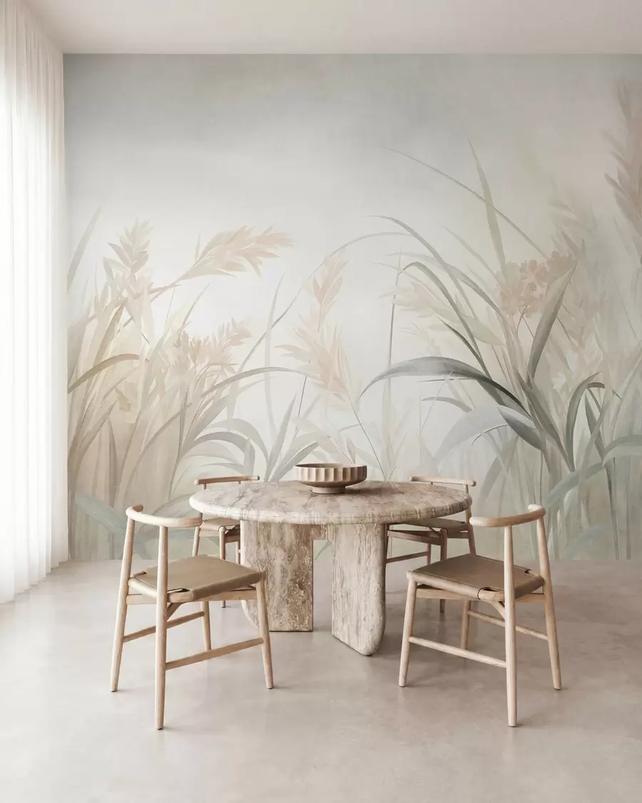 Fototapet Högt, spretigt gräs och vass i mjuka, dämpade nyanser av beige, krämvitt och grönt, med struktur w09981