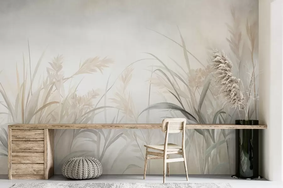Fototapet Högt, spretigt gräs och vass i mjuka, dämpade nyanser av beige, krämvitt och grönt, med struktur w09981