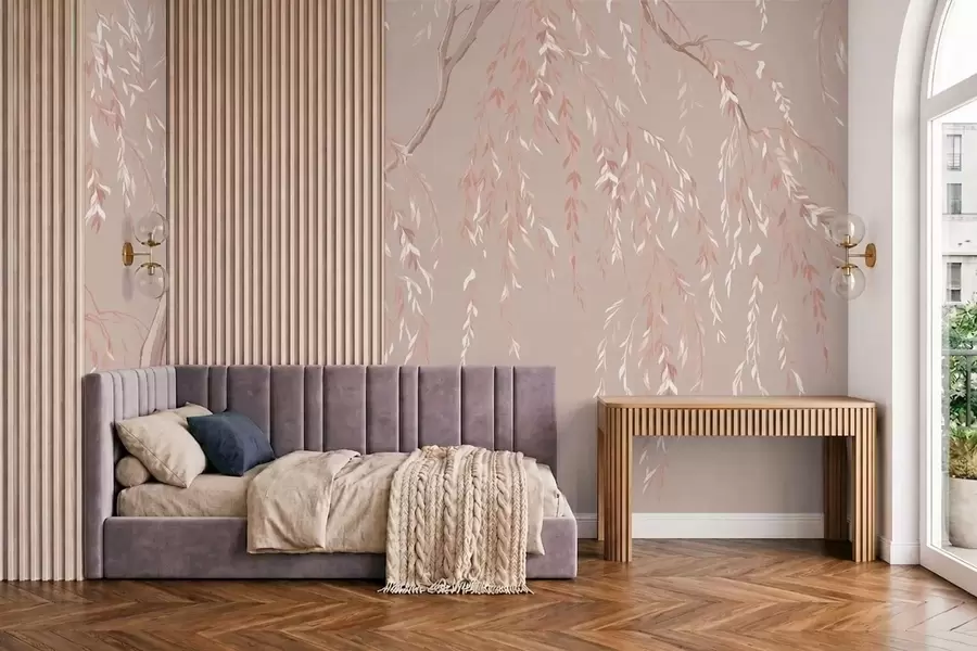 Fototapet Mjukt rosa grenar med ljusa blad w05812v3