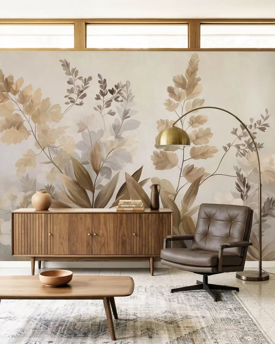 Fototapet Texturerad botanisk konst, olika växter och blad i bruna och beige nyanser w09979
