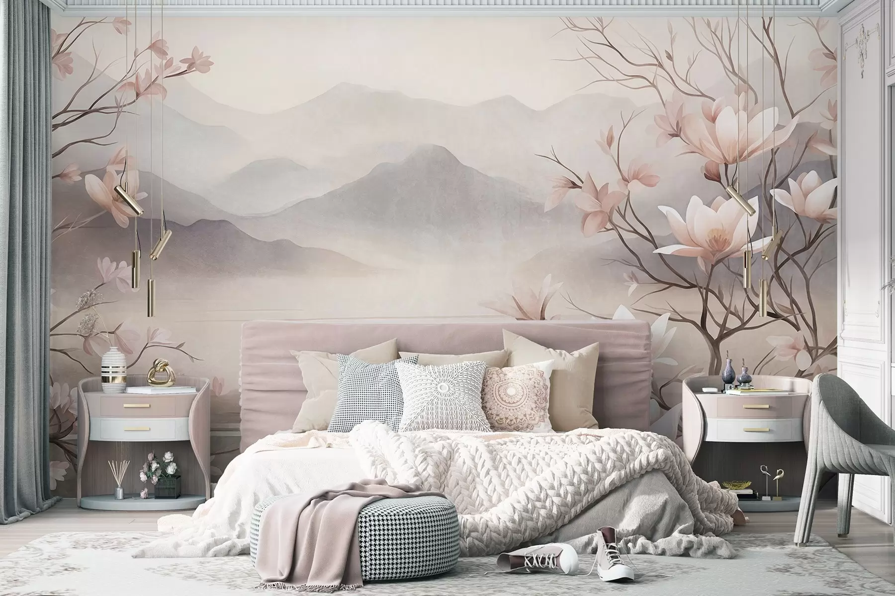 Fototapet Berg och blommande rosa magnoliagrenar, ett landskap med varierad struktur w10013