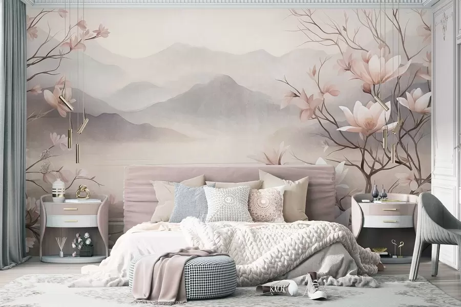 Fototapet Berg och blommande rosa magnoliagrenar, ett landskap med varierad struktur w10013
