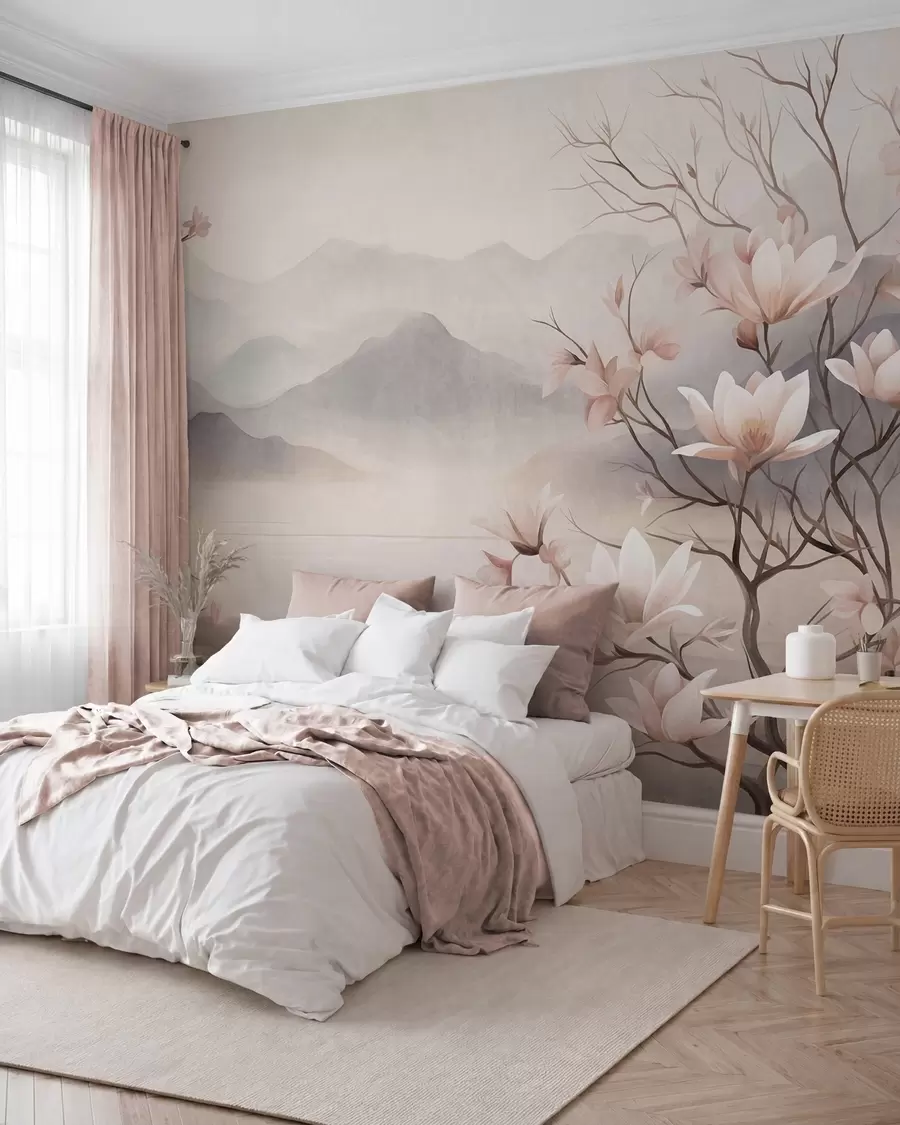 Fototapet Berg och blommande rosa magnoliagrenar, ett landskap med varierad struktur w10013