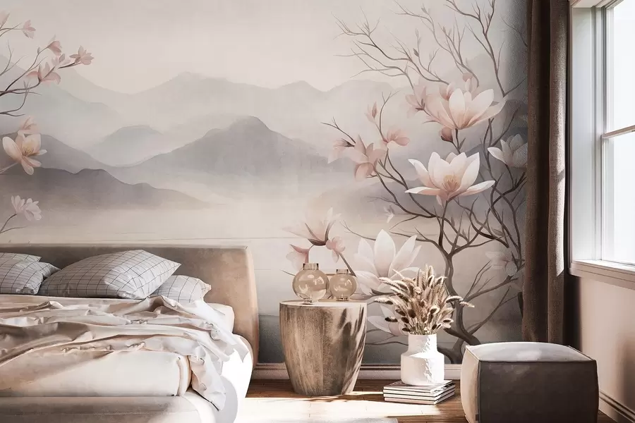 Fototapet Berg och blommande rosa magnoliagrenar, ett landskap med varierad struktur w10013
