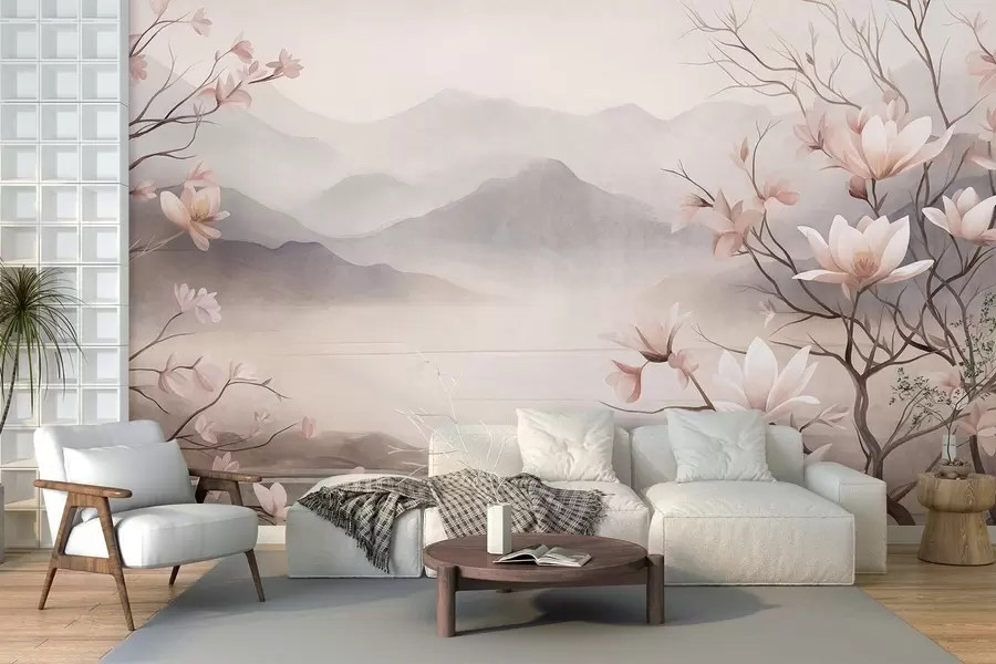 Fototapet Berg och blommande rosa magnoliagrenar, ett landskap med varierad struktur w10013