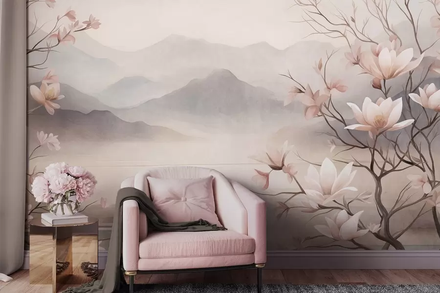 Fototapet Berg och blommande rosa magnoliagrenar, ett landskap med varierad struktur w10013