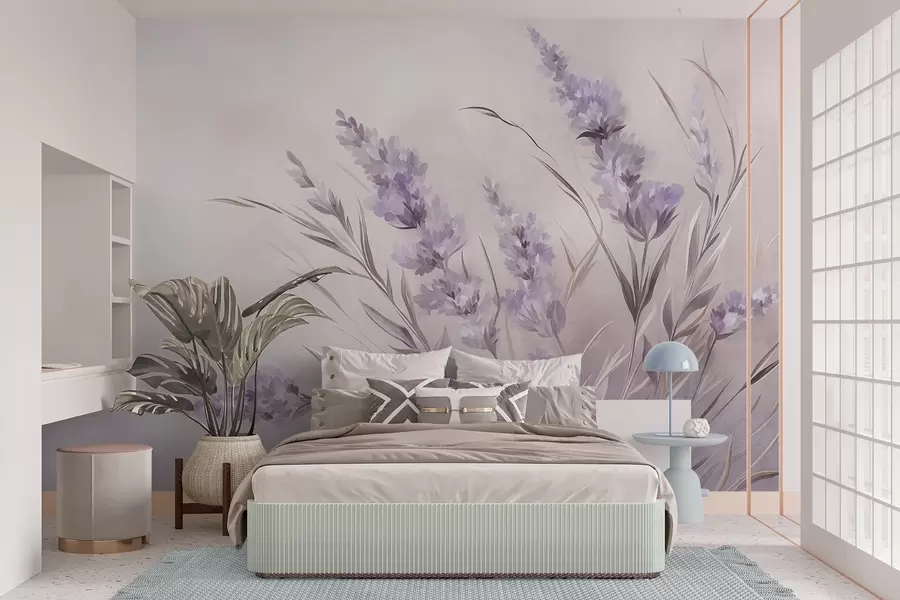 Fototapet Lavendelblommor med långa stjälkar och blad, konstverk i mjuka pastellfärger med struktur w10018