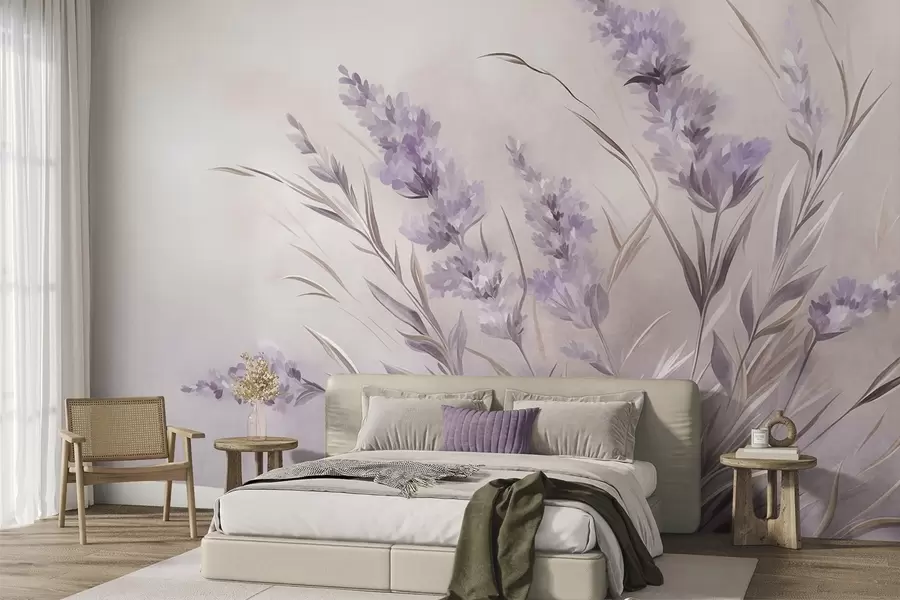 Fototapet Lavendelblommor med långa stjälkar och blad, konstverk i mjuka pastellfärger med struktur w10018