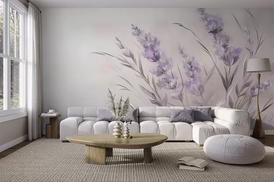 Fototapet Lavendelblommor med långa stjälkar och blad, konstverk i mjuka pastellfärger med struktur w10018