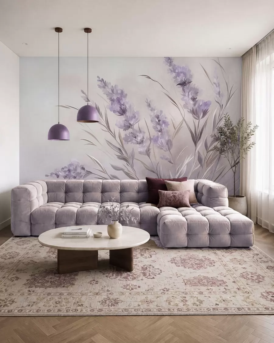 Fototapet Lavendelblommor med långa stjälkar och blad, konstverk i mjuka pastellfärger med struktur w10018