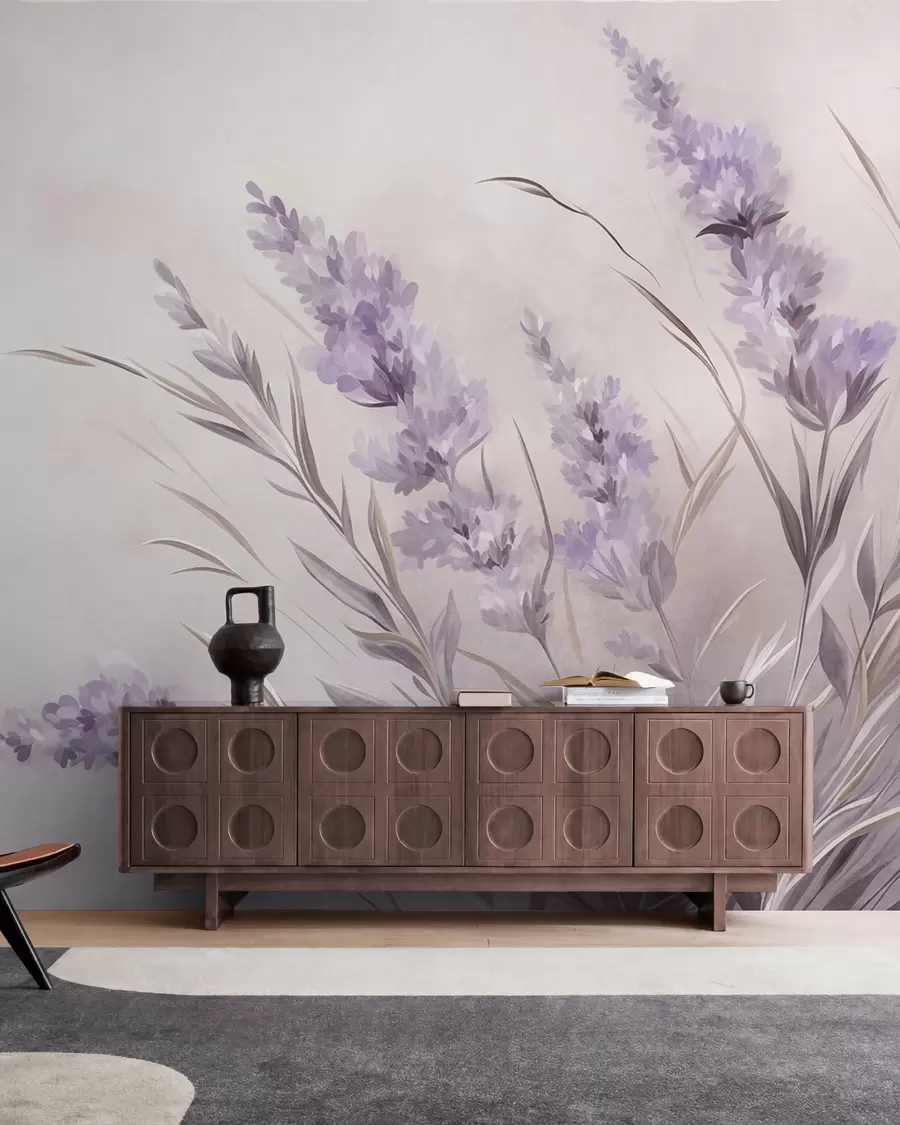 Fototapet Lavendelblommor med långa stjälkar och blad, konstverk i mjuka pastellfärger med struktur w10018