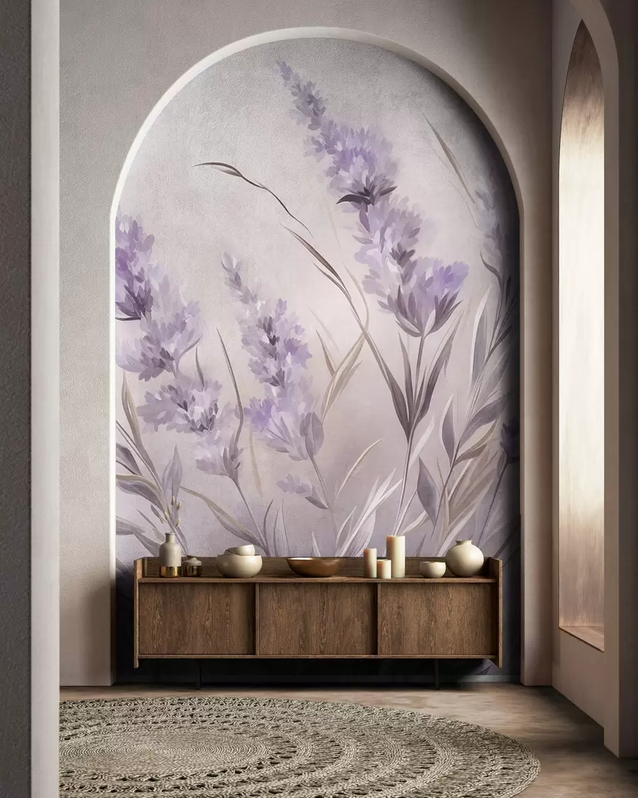 Fototapet Lavendelblommor med långa stjälkar och blad, konstverk i mjuka pastellfärger med struktur w10018