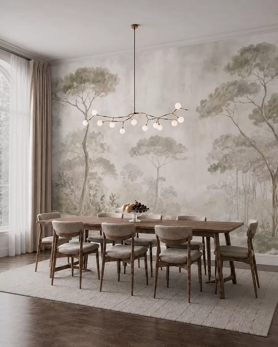 Fototapet En dimmig skog vid stilla vatten i mjuka, naturliga pastellfärger w05817