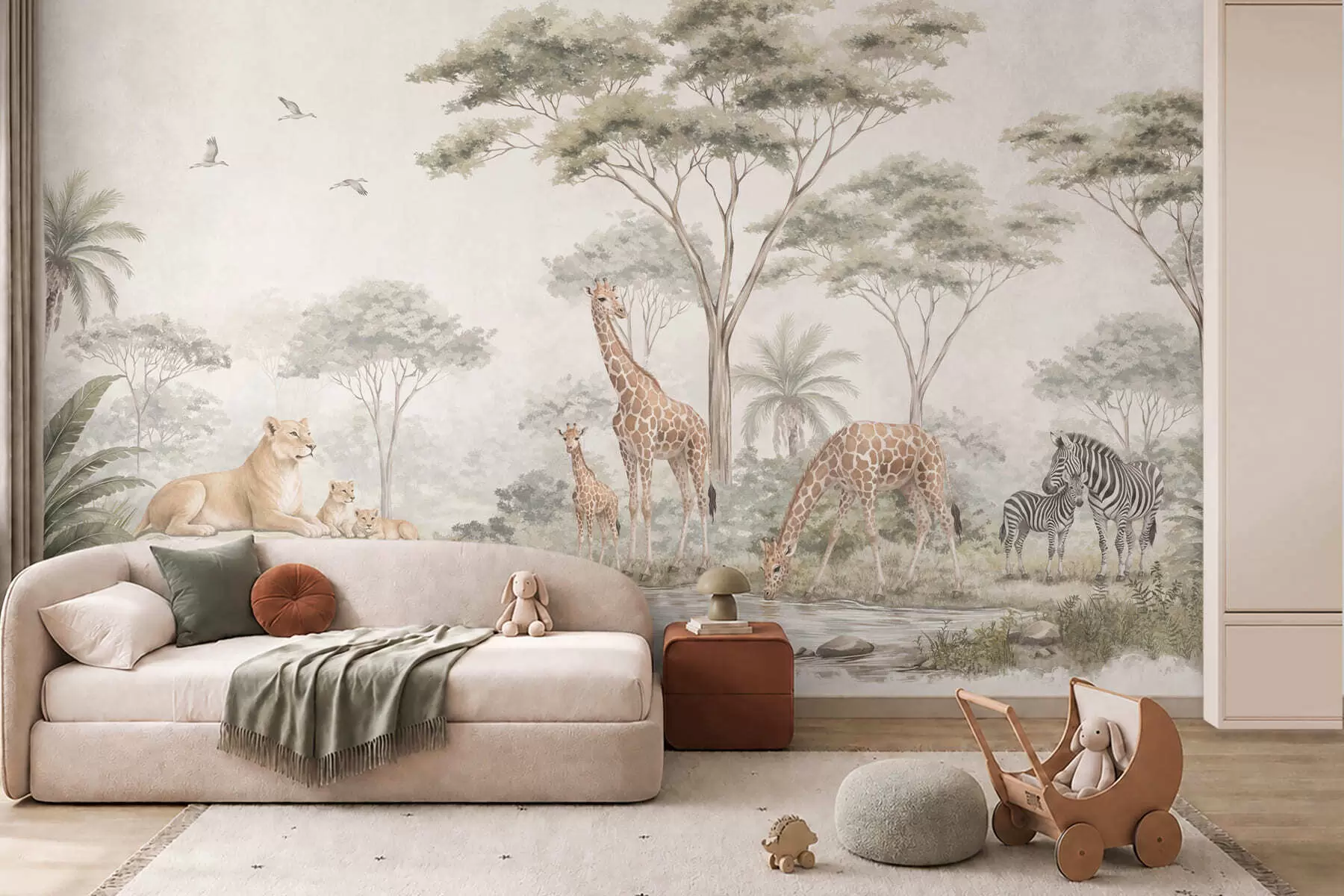 Fototapet Safari med giraffer, lejon, zebror och tropiska träd w05804