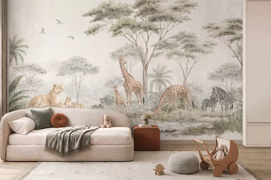 Fototapet Safari med giraffer, lejon, zebror och tropiska träd w05804