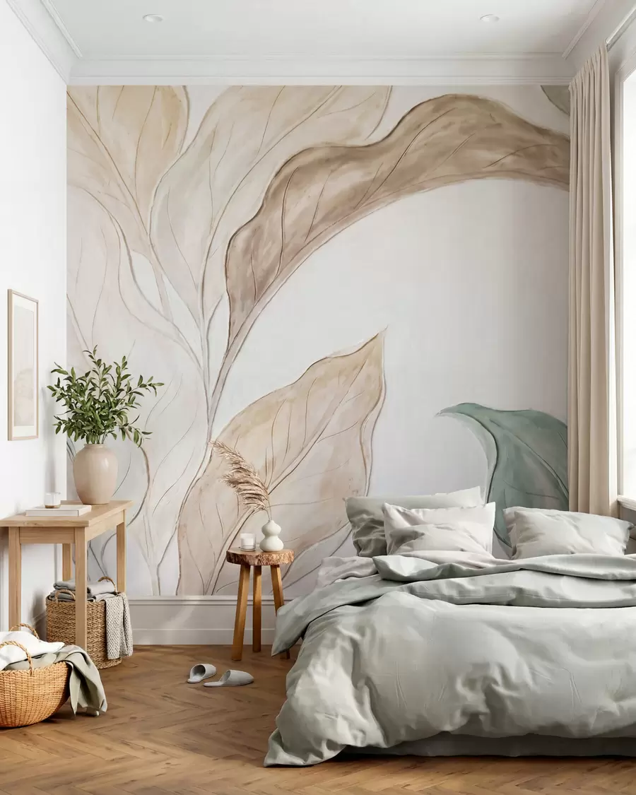 Fototapet Imitation av reliefformade, fina beige-gröna blad w09991