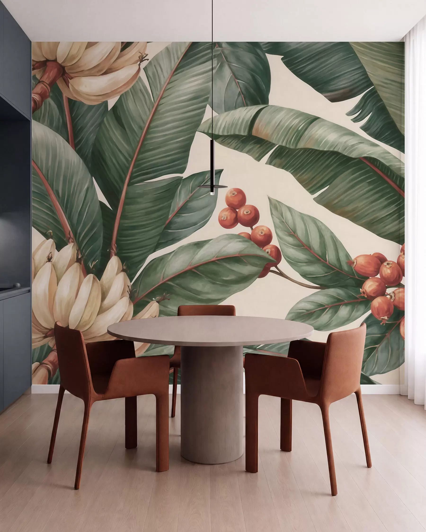 Fototapet Tropiska bananblad med klasar av röda kaffebär, i akvarellstil w09997