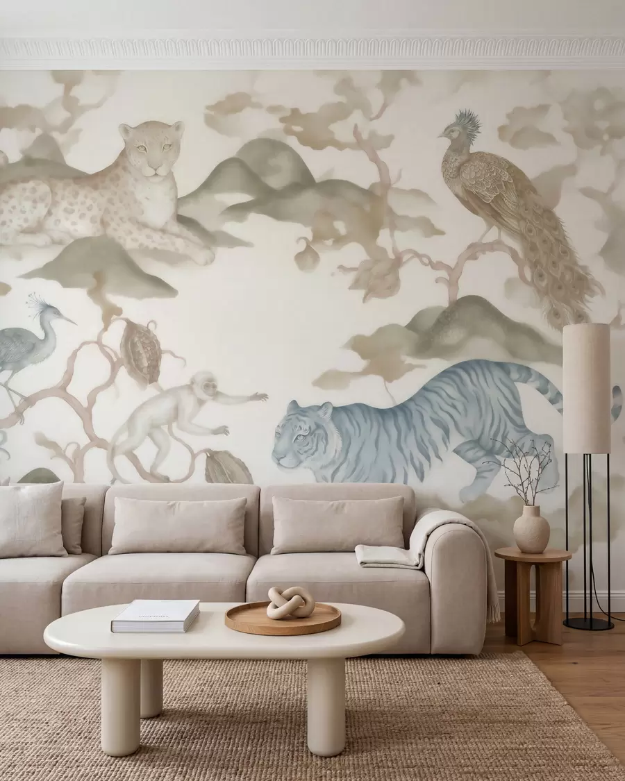 Fototapet En kejsarträdgård med djur i orientalisk stil – apa, leopard, tiger, påfågel och häger w10011