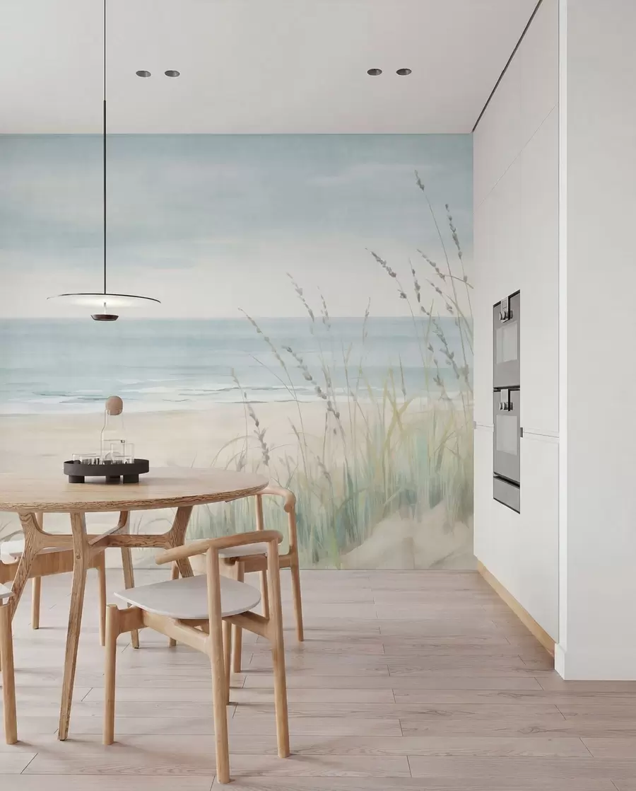 Fototapet Skalig sand med en lugn strand och gräs i mjuka pastellfärger w05821