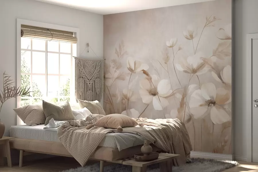 Fototapet Ett fält med ljusa blommor och höga gräs i dämpade nyanser, texturerad konst w10019