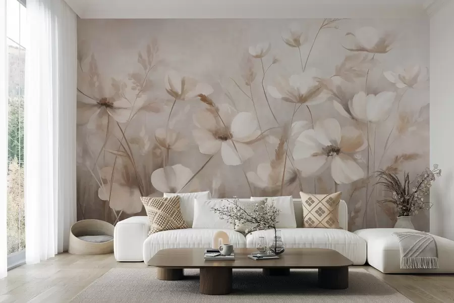 Fototapet Ett fält med ljusa blommor och höga gräs i dämpade nyanser, texturerad konst w10019