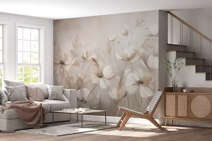 Fototapet Ett fält med ljusa blommor och höga gräs i dämpade nyanser, texturerad konst w10019
