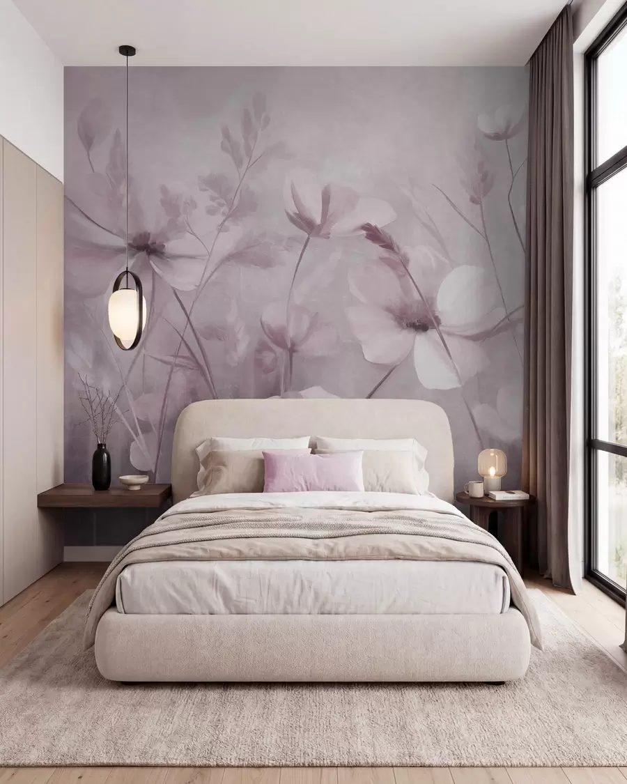 Fototapet Ett fält med ljusa blommor och höga gräs i dämpade nyanser, texturerad konst w10019v1