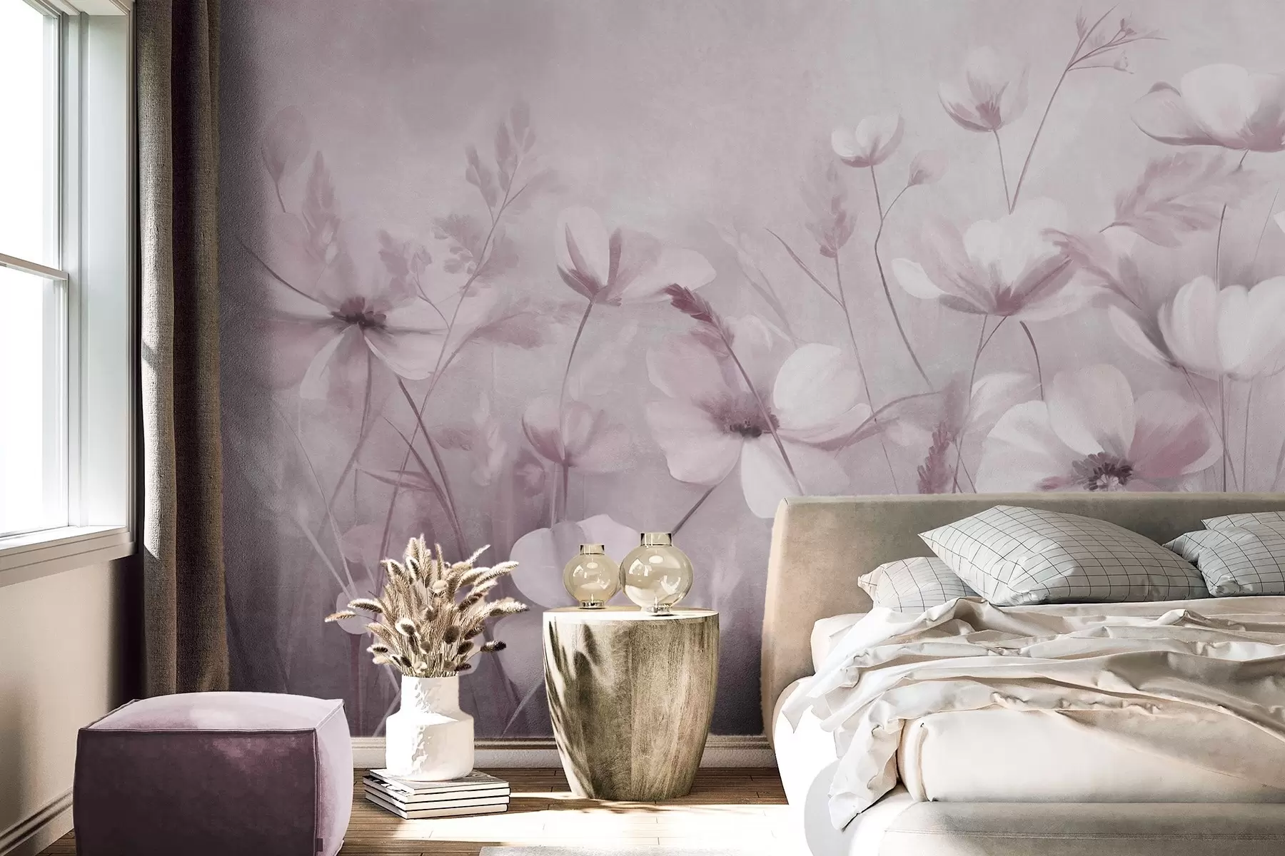 Fototapet Ett fält med ljusa blommor och höga gräs i dämpade nyanser, texturerad konst w10019v1